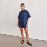 Casual Loose Pocket Short-Sleeve Shirt and Denim Shorts Two-Piece Set