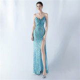 Sparkling Sequin Beaded High-Slit Evening Dress with Sensual Spaghetti Straps