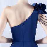 Beaded Art Floral Pleated Satin Off-Shoulder High Slit Evening Dress
