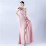 Beaded Art Floral Pleated Satin Off-Shoulder High Slit Evening Dress
