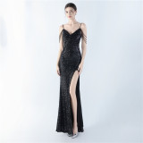 Sparkling Sequin Beaded High-Slit Evening Dress with Sensual Spaghetti Straps