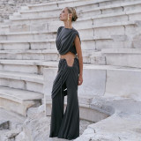 Cropped Round Neck Top with High-Waisted Ruffled Flare Pants Set