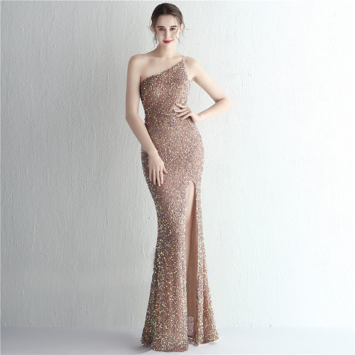 One-Shoulder Sequin Evening Dress with High Slit and Mermaid Hem