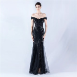 Beaded Mesh Sequin Evening Gown