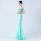 Beaded Mesh Sequin Evening Gown