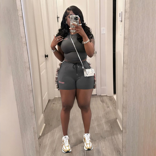 Embroidered Crop Top and High-Waisted Solid Color Shorts Set