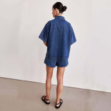 Casual Loose Pocket Short-Sleeve Shirt and Denim Shorts Two-Piece Set