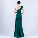 Beaded Art Floral Pleated Satin Off-Shoulder High Slit Evening Dress