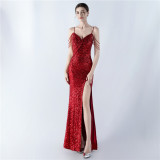 Sparkling Sequin Beaded High-Slit Evening Dress with Sensual Spaghetti Straps