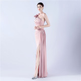 Beaded Art Floral Pleated Satin Off-Shoulder High Slit Evening Dress