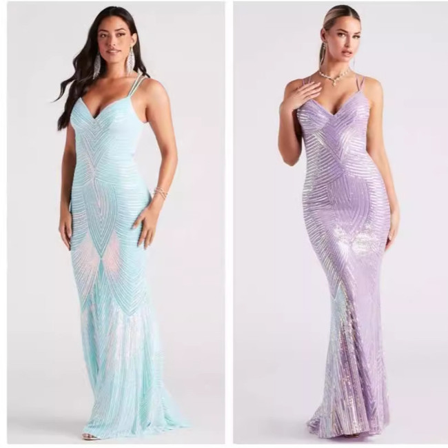 V-Neck Sequin Evening Gown for Parties and Events