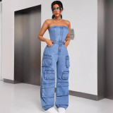 Denim Jumpsuit Tube Multi Pockets Loose cargo pants women Jean Pants