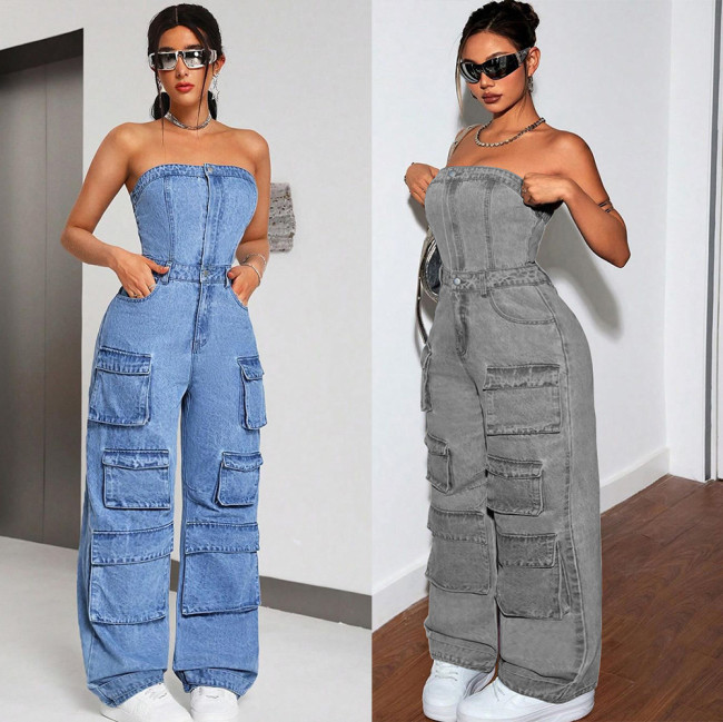 Denim Jumpsuit Tube Multi Pockets Loose cargo pants women Jean Pants