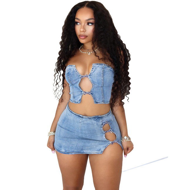 Sexy Tie-Front Crop Top & High-Slit Bodycon Skirt Set