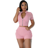 Fashion Two-Way Zipper Casual Solid Color Short Sleeve Two Piece Shorts Set