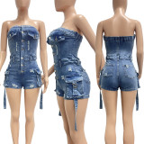 Women Feminine Strapless Stretch pocket Denim Jumpsuit