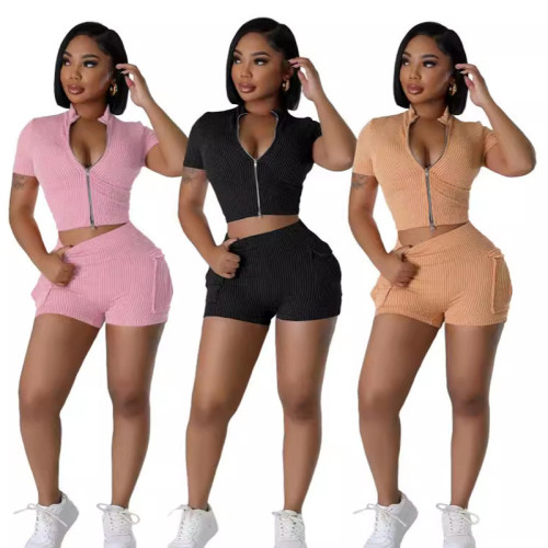 Fashion Two-Way Zipper Casual Solid Color Short Sleeve Two Piece Shorts Set