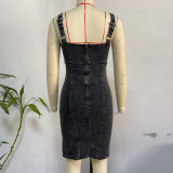 IHOOV Vintage-Inspired Short Sleeves and U-Neck Denim Pinafore Dress