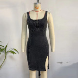 IHOOV Vintage-Inspired Short Sleeves and U-Neck Denim Pinafore Dress