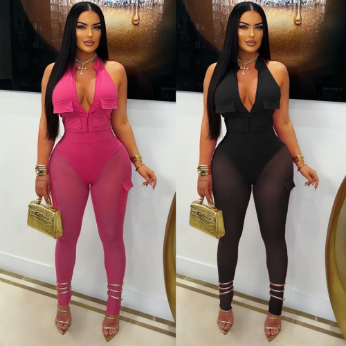 Deep V-Neck Sleeveless Bodycon Top & Pocket Mesh Pants Set