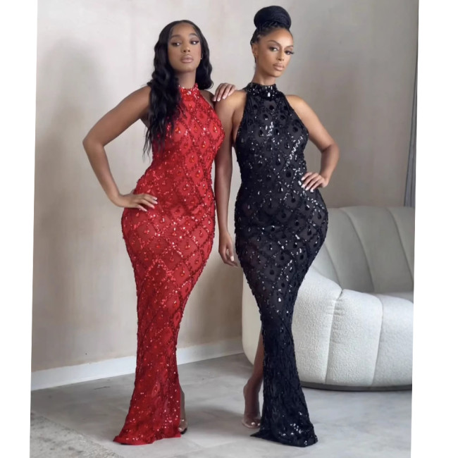 Rhinestone-Embellished Bodycon Evening Gown