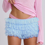 Lace-Trimmed Low-Waist Ruffled Beach Shorts