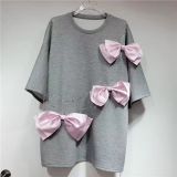 Bowknot Design Cotton T-Shirt with Rhinestones Versatile Women's Top