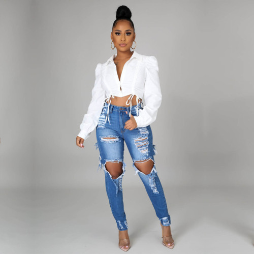ripped hole skinny denim jean pants