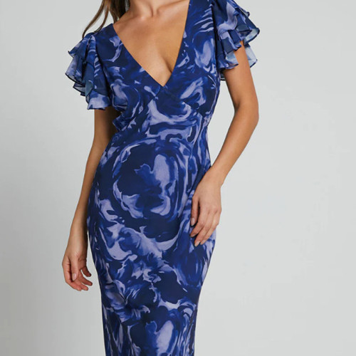 Floral Chiffon Maxi Dress with Elegant V-Neck and Bell Sleeves