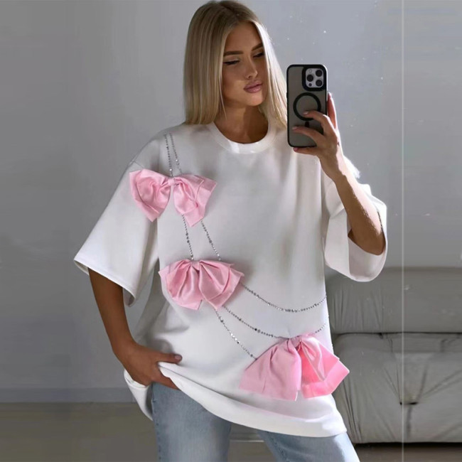 Bowknot Design Cotton T-Shirt with Rhinestones Versatile Women's Top
