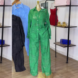Lapel Pocket Long Sleeve Shirt & High-Waisted Straight Leg Pants Set