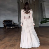 Long Sleeve A-Line Dress with Waist Cincher and Flared Hem