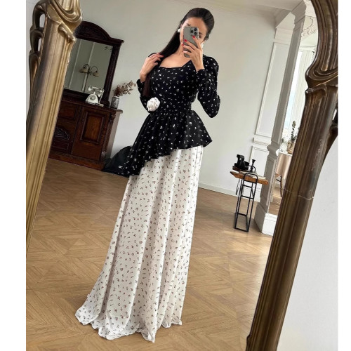 Black Lace Polka Dot Long Sleeve White Dress Set
