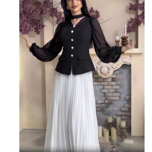 Suit Button and Mesh Spliced Long Skirt Set