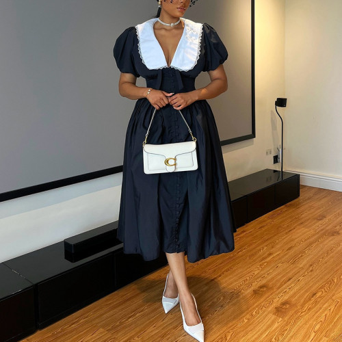Elegant Puff Sleeves Midi Dress