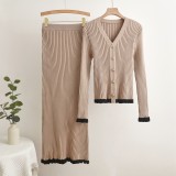 V-Neck Ruffled Cardigan and High-Waisted Bodycon Skirt Set for Women