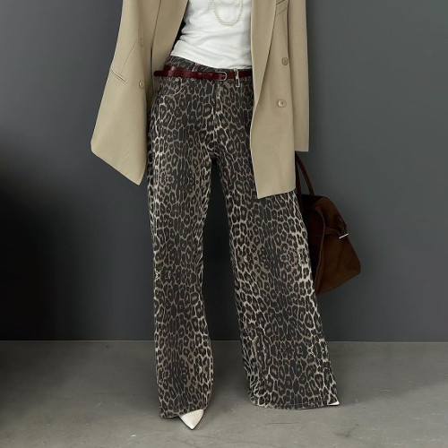 Leopard Print Wide-Leg Trousers Jeans for Women