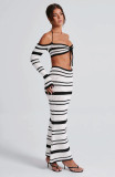 Striped Long Sleeve Halter Top and Skirt Two-Piece Set