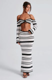 Striped Long Sleeve Halter Top and Skirt Two-Piece Set