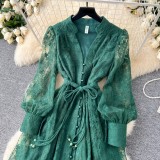 V-Neck Lantern Sleeve Button-Down Maxi Dress