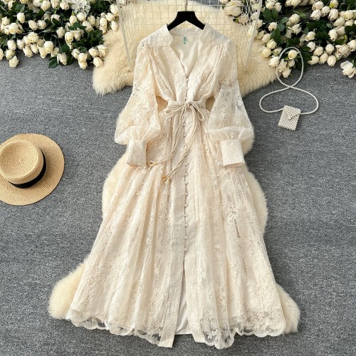 V-Neck Lantern Sleeve Button-Down Maxi Dress