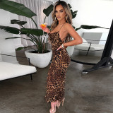 Leopard Print Backless Tie-Back Bodycon Midi Dress