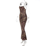 Leopard Print Backless Tie-Back Bodycon Midi Dress
