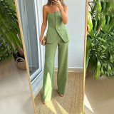 Casual Blazer Buttoned Strapless Suit Set with Pants