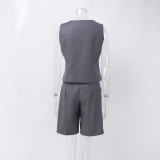 V-Neck Single-Breasted Vest with Straight-Leg Suit Shorts Set