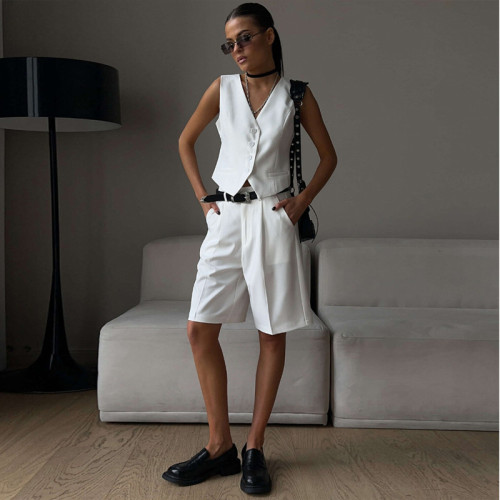 V-Neck Single-Breasted Vest with Straight-Leg Suit Shorts Set