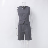 V-Neck Single-Breasted Vest with Straight-Leg Suit Shorts Set