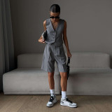V-Neck Single-Breasted Vest with Straight-Leg Suit Shorts Set