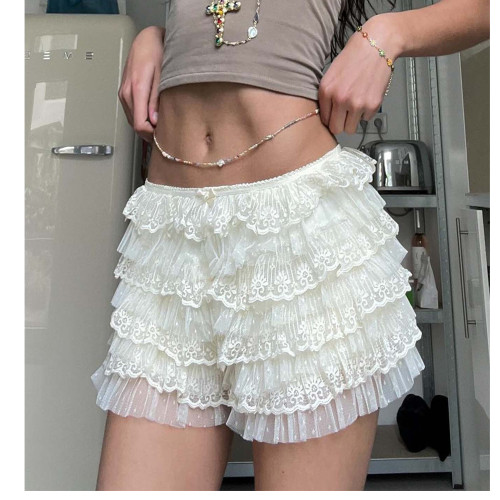 Lace-Trimmed Low-Waist Ruffled Beach Shorts