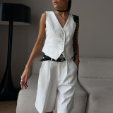 V-Neck Single-Breasted Vest with Straight-Leg Suit Shorts Set